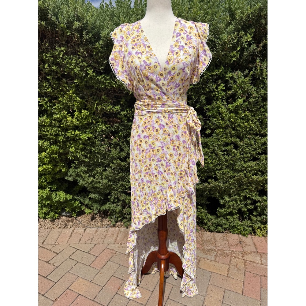 AFRM Floral High Low Wrap Dress Purple Yellow Flutter Sleeve Scallop Trim XS